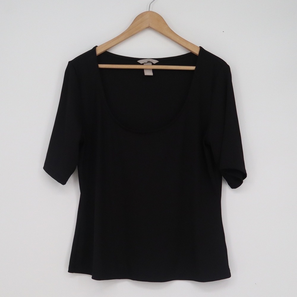HM Womens XL Black Ribbed Scoop Neck Short Sleeve Fitted Top Stretch